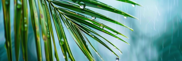 
palm leafs photo, overcast, savana, macro photo, flowers, colors, dew, neutral tone, blu sky , blur background, canon camera style color
