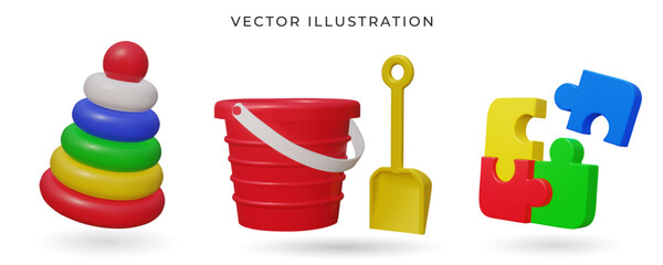 A red plastic bucket and a yellow shovel, pyramid, puzzle 3d kids toys. Vector illustration. Toy plastic bucket, shovel, pyramid, puzzle gift for kids. Most classic toys in the past. - 784299674