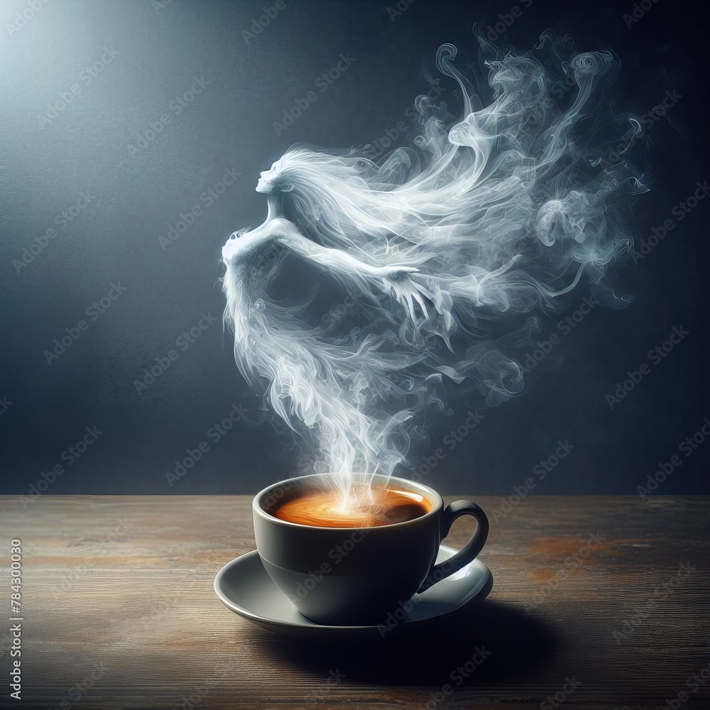 Poster a creative display of steam rising from a coffee cup, forming into an elegant bird shape against a m