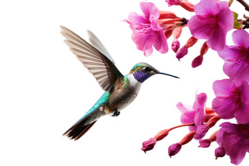 Fototapeta premium Hummingbird Flying to suck nectar from purple frangipani flowers , Isolated on transparent background.