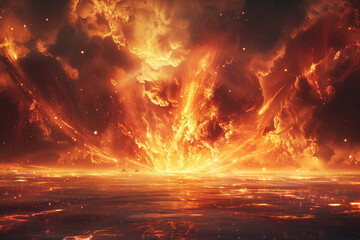 Massive explosion with bright orange and red clouds, natural catastrophe wallpaper background - obrazy, fototapety, plakaty