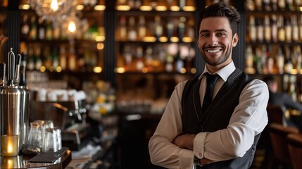 a smiling handsome male bartender in a white shirt and vest stands against the background of the Bar. the restaurant manager is happy to meet and greet guests at the entrance to the establishment