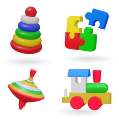 Set of retro kinds Toys. Colored rotated games for kids gyroscope twirl, train, locomotive on rails, pyramid, puzzle. 3d Vector illustration. Most classic toys in the past. - 784300609