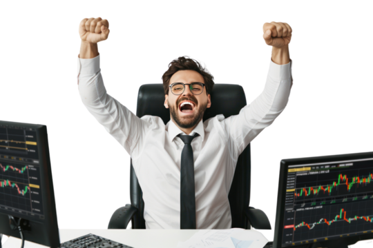 Happy trader making profit ,Isolated on a transparent background.