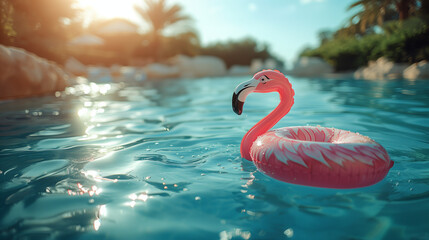 Hotel or resort pool on a vacation trip with a pink flamingo float. Concept of relaxation, summer vacation, fun and disconnection.  © JMarques