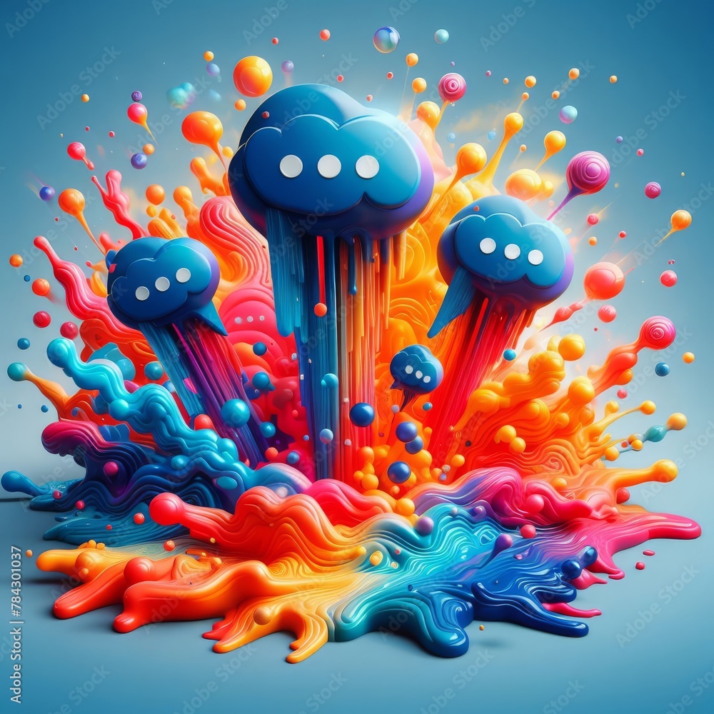 Poster a vivid, abstract composition where colorful jellyfish-like shapes emerge explosively from a pool of