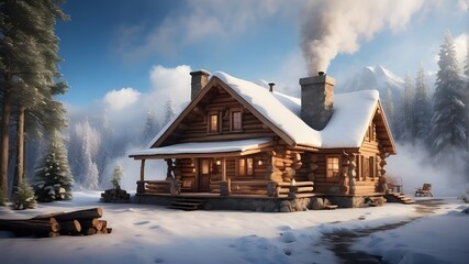 A  cozy log cabin nestled in a snowy forest with smoke rising from the chimney - obrazy, fototapety, plakaty