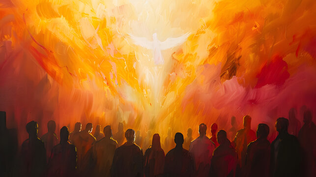 Pentecost shown with tongues of fire descending on a diverse group of people gathered in unity, with copy space