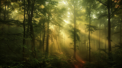 Fototapeta na wymiar 日差しが差す幻想的な森林の風景