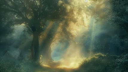 Cercles muraux Kaki 日差しが差す幻想的な森林の風景