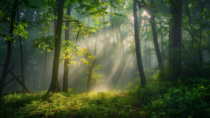 日差しが差す幻想的な森林の風景