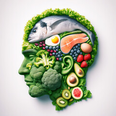 Concept as a group of nutritious fish, vegetables and berries rich in omega-3 fatty acids for mind health. The right thoughts on healthy eating - obrazy, fototapety, plakaty