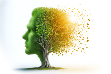 Shape that combines human head and tree. Concept of creating an ingenious idea , surreal artwork. White background