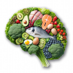 Concept as a group of nutritious fish, vegetables and berries rich in omega-3 fatty acids for mind health
