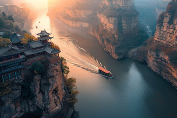 A ship sailing on the river in a canyon in china during the sunrise - obrazy, fototapety, plakaty