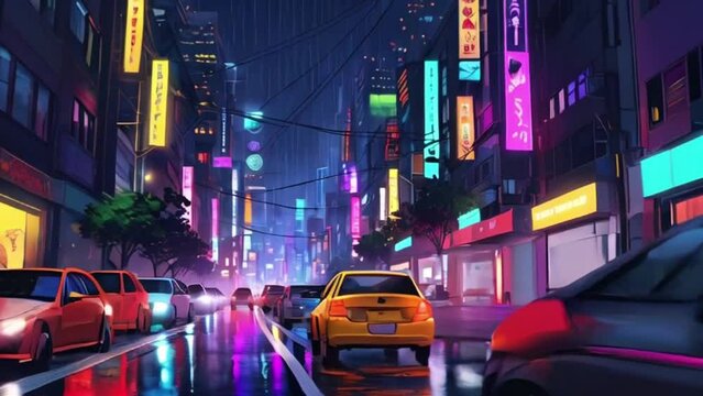 In the night,  in this big city, The rain falls, view up side down many small cars on the street, by coloful neon light darkness high bulldingsc stromy day