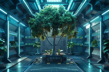 Advanced tree growth chamber, neon lights, side angle. - obrazy, fototapety, plakaty