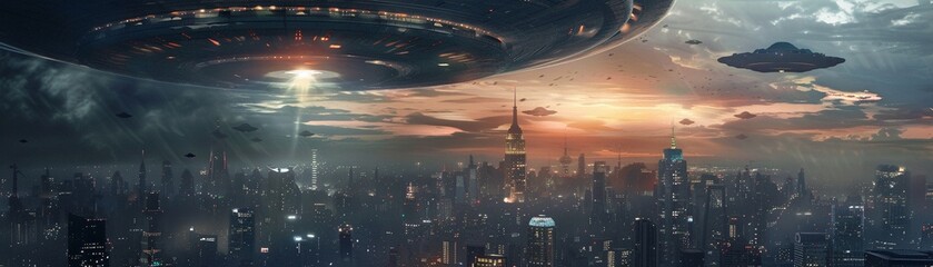 Alien invasion over a futuristic city, dramatic skyline, eye-level, intergalactic threat