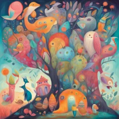Foto op Canvas Whimsical Wonders: Narrative Painting of Fantastical Creatures and Imaginative Landscapes © MrArsalan`s Art