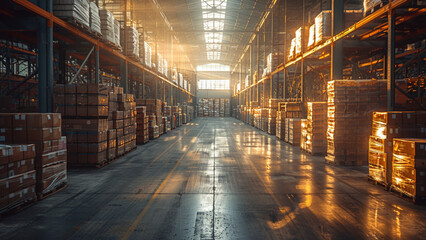 Warehouse interior with rows of shelves and containers. 3d rendering