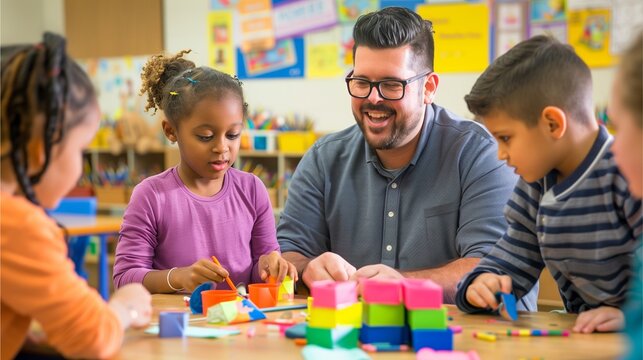 Children playing with toys, parents and child enjoying playtime, teacher guiding kids in artistic activities, happy family bonding over creative learning