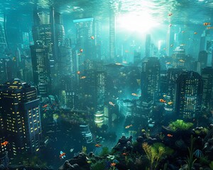 Cityscape, Coral, Underwater, Thriving human settlements under the sea, Submerged skyscrapers, Bioluminescent flora and fauna, Futuristic. - obrazy, fototapety, plakaty