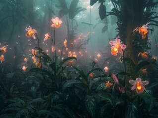 Cloud forest with luminous flowers, misty ambiance, ethereal glow, surreal.