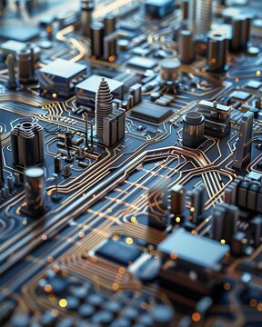 Circuit board, intricate designs, microchips, capacitors, resistors, intricate pathways mapping out a futuristic cityscape.