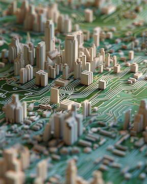 Circuit board, intricate designs, microchips, capacitors, resistors, intricate pathways mapping out a futuristic cityscape.
