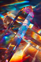 Crystal prism, refracting sunlight into a kaleidoscope of colors, casting rainbow hues on surrounding surfaces.