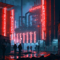 Cybernetic workers striking, neon factory gates, banners fluttering, night, economic unrest. - obrazy, fototapety, plakaty