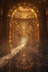 Dream-like journey inside a golden tooth palace, shimmering lights, 3D. - obrazy, fototapety, plakaty