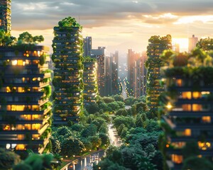 Obraz premium Eco-City, Sustainable design, futuristic city with tree-like skyscrapers, bustling with greenery.