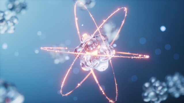 Physics atom with dark blue background, 3d rendering.