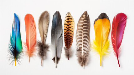 A vibrant array of bird feathers in various colors and patterns, laid out on a white background.