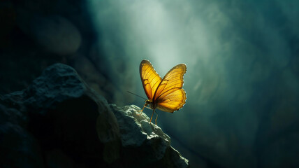 Fototapeta na wymiar A translucent orange butterfly perched on a rock, with ethereal light in the background.