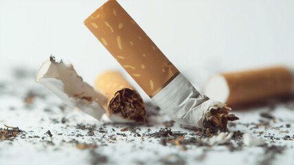 A macro shot of broken cigarettes and scattered ashes against a white background.