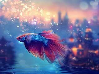 Enchanted betta fish leading to a hidden underwater city, mysterious aura, twilight, fantasy.