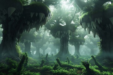 Enchanted tooth forest, trees with dental crowns, misty dawn, high fantasy.