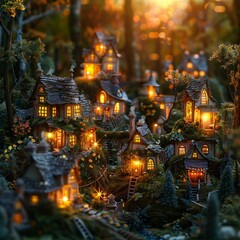 Enchanting Fairy Village, tiny houses and magical gardens, nestled within lush forests Realistic imagery.