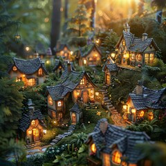 Enchanting Fairy Village, tiny houses and magical gardens, nestled within lush forests Realistic imagery, Golden Hour lighting, Depth of Field bokeh effect