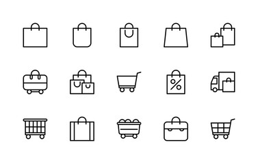 Shopping bag and basket vector linear icons set. Collection contains such icons as delivery, trade, cart, sales and more.