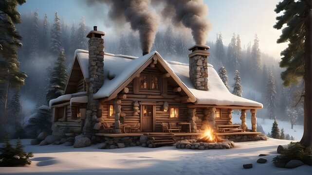 A  cozy log cabin nestled in a snowy forest with smoke rising from the chimney