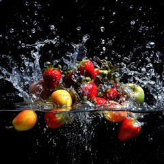 Fruits with droplets, splash in black water, low angle, backlight, surreal