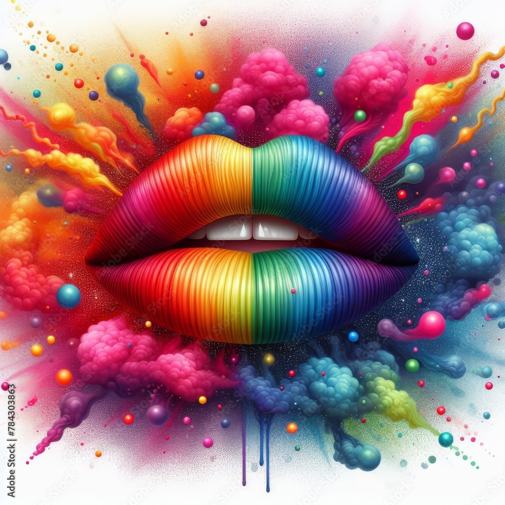 Poster abstract artwork featuring vibrant, multicolored lips against a backdrop of explosive cosmic clouds 