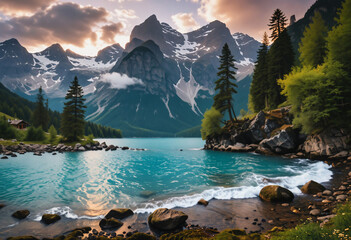 Mountain landscape with lake. Peaceful landscape with lake surrounded by mountains and trees, high dynamic range - 784304072