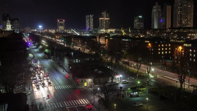 Night Illuminated Avenue At Buenos Aires. Outdoors Night landscape. Traffic time lapse.