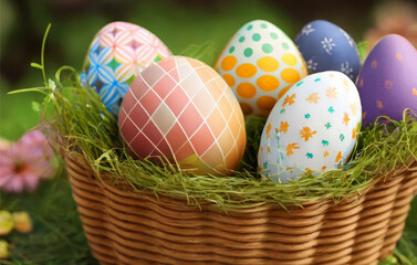 Fototapeta na wymiar Easter Eggs in Basket: Colorful Holiday Decoration