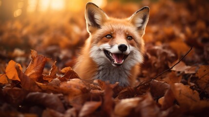 Naklejka premium Portrait of happy fox rejoices in autumn.