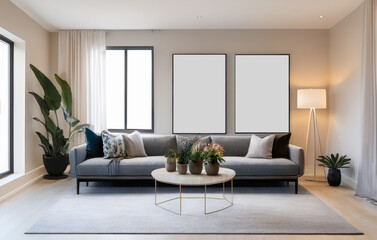 Modern Living Room Interior: Design with Empty Photo Frames